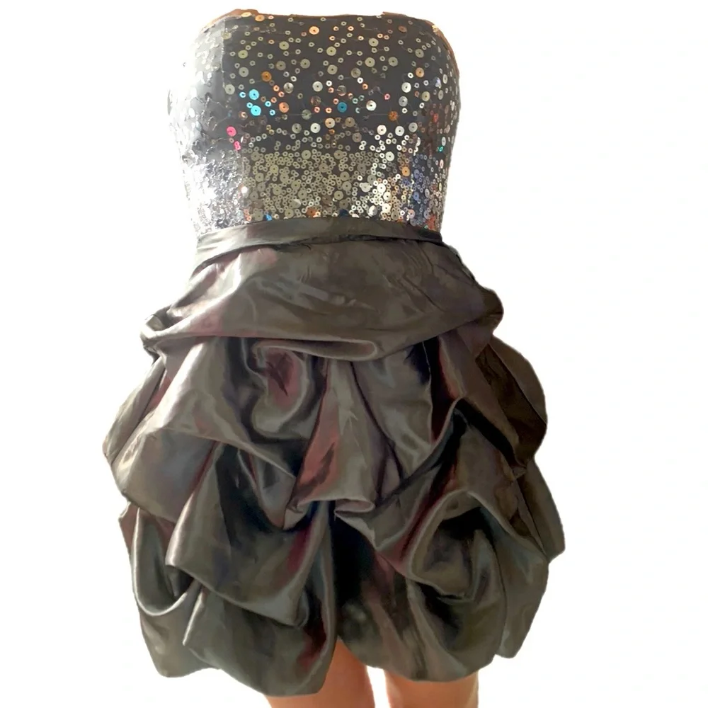 Trixxi Size 3 Gray Strapless Sequin Puff Skirt Formal Short Mini Dress - Picture 2 of 7